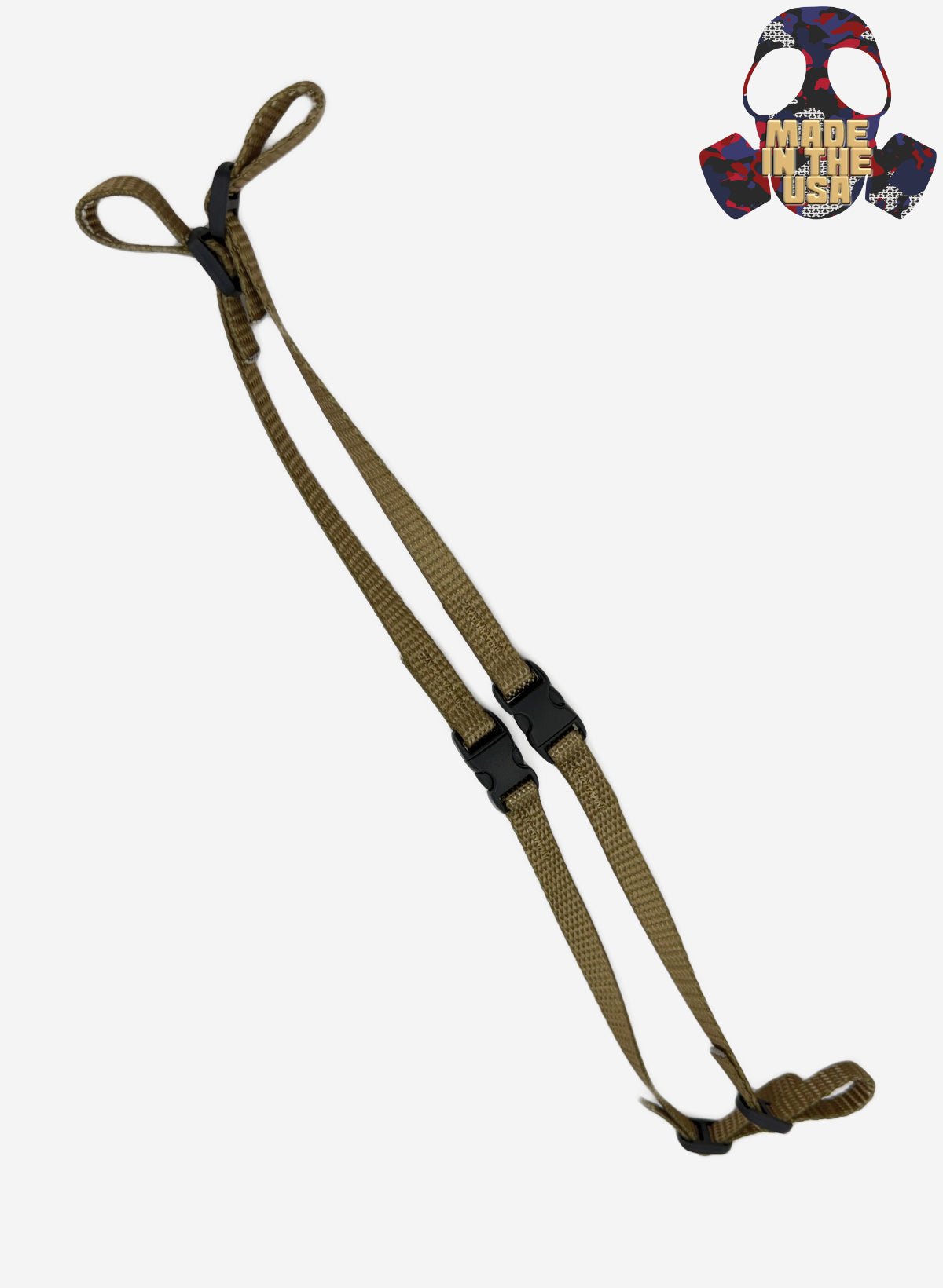 NSG Brown leather lanyard with black straps on a white background, featuring a colorful mask with 'Made in the USA' text.