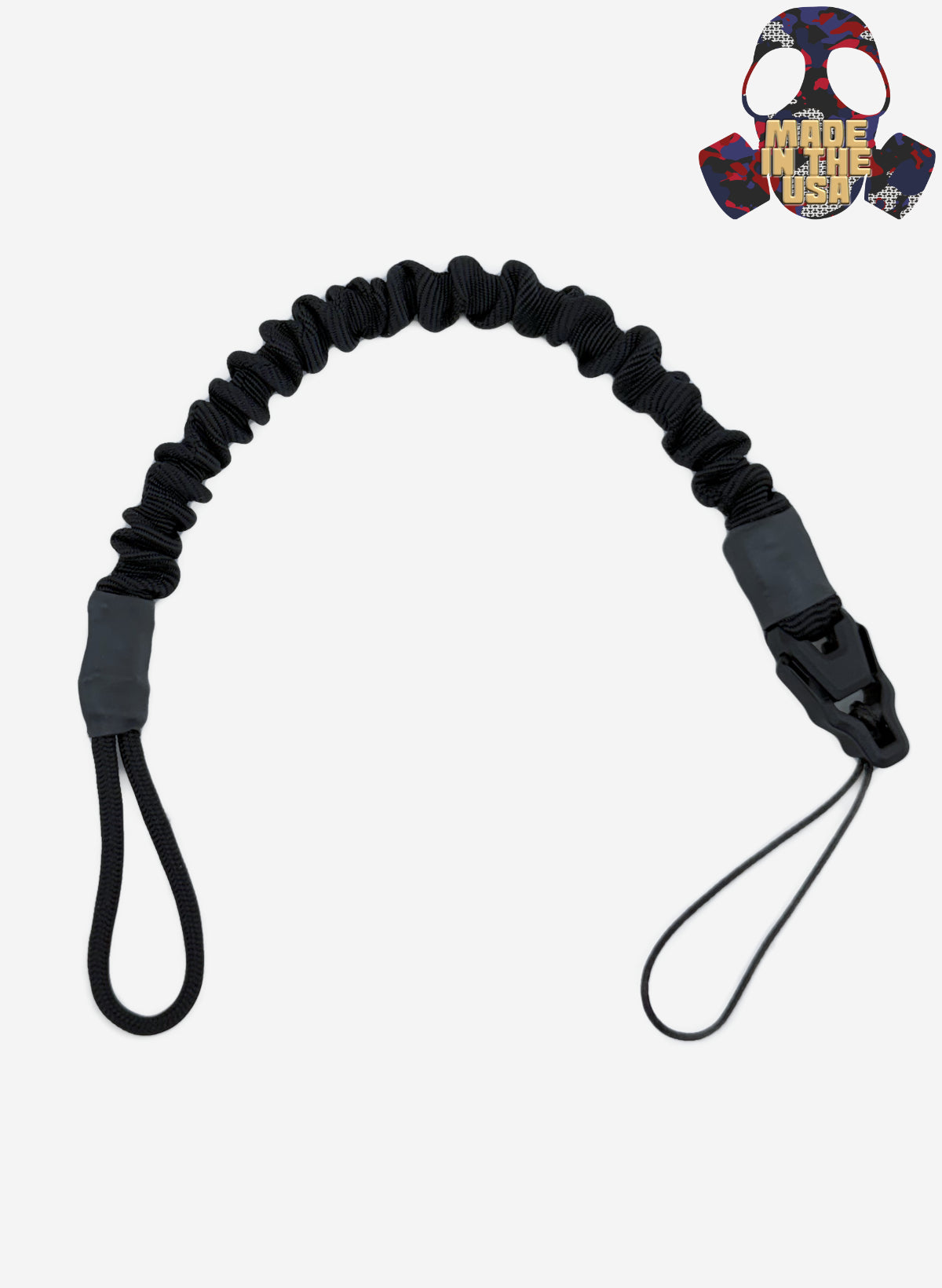 Black bungee lanyard with gray ends on a white background, featuring 'Made in USA' logo.